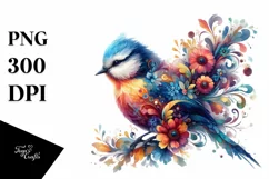 Vibrant Bird with Flowers, Watercolor Clipart Product Image 1