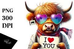 Highland Calf with Heart Shaped Sunglasses PNG Product Image 1