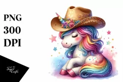 Colorful Cowboy Hat Unicorn Watercolor | Clipart Product Image 1
