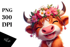 Whimsical Highland Cow with Flower Crown PNG Product Image 1