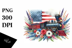 Watercolor Train with Flowers, USA Flag | Sublimation | Product Image 1