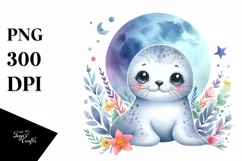 Colorful Baby Ringed Seal Moon Clipart Product Image 1