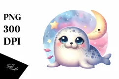 Colorful Baby Ringed Seal Moon Clipart Product Image 1