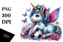 Colorful Baby Unicorn with Soccer Ball PNG Product Image 1