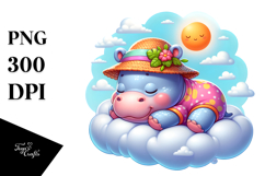 Vibrant Cute Baby Hippo Sleeping on the Cloud, PNG Product Image 1