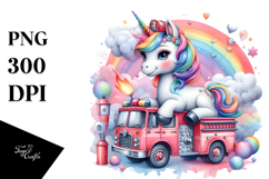 Colorful Baby Unicorn with Fire Truck, PNG Product Image 1