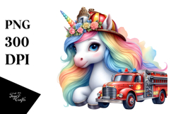Colorful Baby Unicorn with Fire Truck PNG Product Image 1