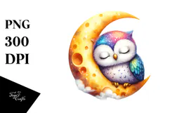 Vibrant Cute Baby Owl Sleeping on the Moon, PNG Product Image 1