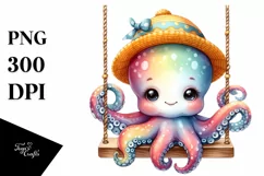 Colorful Baby Octopus Swing Watercolor Sublimation Clipart Product Image 1