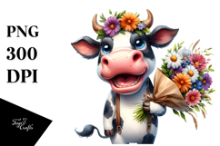 Watercolor Cow Standing with Large Flower Bouquet Product Image 1