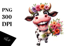 Watercolor Cow Standing with Large Flower Bouquet Product Image 1