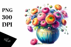 Vibrant Watercolor Vase with Ranunculus | Clipart Product Image 3