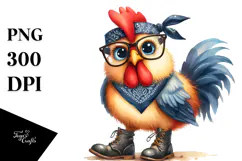 Watercolor Funny Chicken with Fancy es Clipart Product Image 1