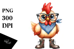 Watercolor Funny Chicken with Fancy es Clipart Product Image 1
