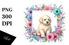 Vibrant Pastel Baby Puppy Floral Frame, PNG Product Image 1