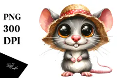 Watercolor Funny Mouse with Sun Hat Clipart Product Image 1