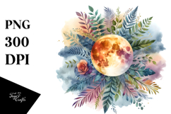 Vibrant Watercolor Boho Moon with Foliage Clouds Product Image 1