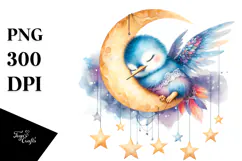 Vibrant Whimsical Baby Hummingbird Sleeping on the Moon, PNG Product Image 1