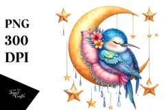Vibrant Whimsical Baby Hummingbird Sleeping on the Moon, PNG Product Image 1