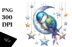 Vibrant Whimsical Baby Hummingbird Sleeping on the Moon, PNG Product Image 1