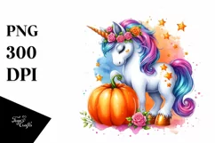 Vibrant Unicorn with Pumpkins | Sublimation Clipart Product Image 1
