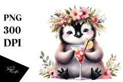 Young Penguin Adorned With Flowers Enjoying A Cocktail | Product Image 1