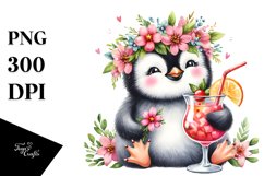 Young Penguin Adorned With Flowers Enjoying A Cocktail | Product Image 1