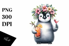 Young Penguin Adorned With Flowers Enjoying A Cocktail | Product Image 1