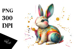 Colorful Wooden Bunny with Golden Insertions, Watercolor PNG Product Image 1