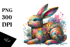Colorful Wooden Bunny with Golden Insertions, Watercolor PNG Product Image 1