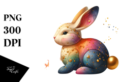 Colorful Wooden Bunny with Golden Insertions, Watercolor PNG Product Image 1