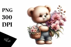 baby Bear Holding Flowers and Orchid Bouquet | Sublimation | Product Image 1