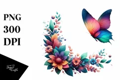 Abstract Vibrant Butterfly with Flowers PNG Product Image 1