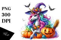 Vibrant Halloween Unicorn with Broom | Sublimation Clipart Product Image 1