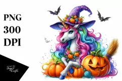 Vibrant Halloween Unicorn with Broom | Sublimation Clipart Product Image 3