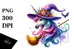 Vibrant Halloween Unicorn with Broom | Sublimation Clipart Product Image 1