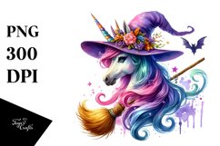 Vibrant Halloween Unicorn with Broom | Sublimation Clipart Product Image 1