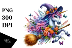 Vibrant Halloween Unicorn with Broom | Sublimation Clipart Product Image 1