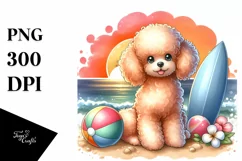 Watercolor Poodle Surf Ball Sunset Clipart Product Image 1