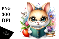 Vibrant Watercolor Baby Rabbit with Book, PNG Product Image 1