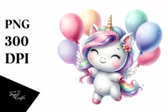 Colorful Baby Unicorn Dancing with Balloons | Clipart Product Image 1