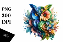 Abstract Vibrant Owl with Flowers PNG Product Image 3