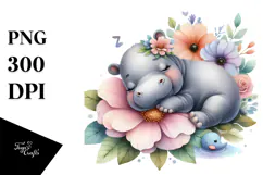 Baby Hippo Sleeping on Flower, PNG Product Image 1