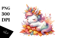 Colorful Baby Unicorn with Autumn Leaves PNG Product Image 1
