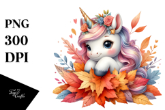 Colorful Baby Unicorn with Autumn Leaves PNG Product Image 1