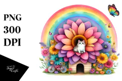 Kitten Flower Rainbow Watercolor Illustration Clipart Product Image 1