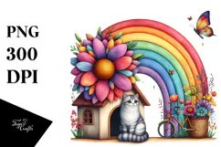 Kitten Flower Rainbow Watercolor Illustration Clipart Product Image 1