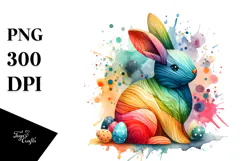 Colorful Bunny Made of Wood on Splashy Background PNG Product Image 1