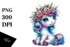 Cute Baby Unicorn with Floral Wreath PNG Product Image 1