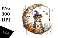 Halloween Tiger Sitting on Moon PNG Product Image 1